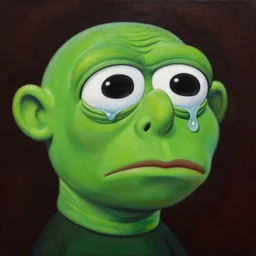 sad pepe, big eyes, dark background, crying, emotional painting, high quality, detailed
