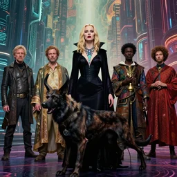 realistic detailed movie shot of a beautiful blond vampire woman with a cerberus, futuristic city background by denis villeneuve, amano, yves tanguy, alphonse mucha, max ernst, kehinde wiley, caravaggio, roger dean, cyber necklace, rich moody colours, sci fi patterns, wide angle