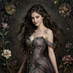 portrait of a young female wizard in flowing sensual dress, arrogant, long fine flowing hair, delicate, looking at camera, slight nerdy awkward smile, realistic face, stylish, elegant, grimdark fantasy, flowers, extremely detailed painting inspired by Gerald Brom and Ernst Haeckel and Sandro Botticelli , studio lighting