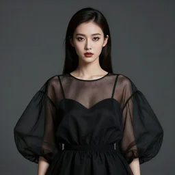hight focus of a wonderful realistic focused sweet wonderful symmetrical centered mid portrait of a wonderful realistic lonely woman, her makeup is 7 0's style, dressed with a wonderful, majestic, large semi transparent black cotton dress, dramatic light, octane render, - 8 k