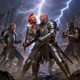 ( ( ( laughing ) ) ) ( ( ( ( copper haired chris hemsworth ) ) ) ) as destruction from sandman looking like kristofer hivju!!, medival armour!!, fighting!!, by jeremy mann, by frank moth, jeff easley, alphonse mucha, dave mckean, thunder & lightning, soft lightning, high detailed, 8 k