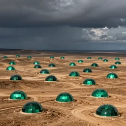 majestic sprawling parched rolling plains covered with numerous small domes made of shimmering emeralds by caspar david friedrich, unsettling skies, mysterious, by alexander fedosav, hyperrealism, 8 k resolution, behance hd, artstation, nightcafe