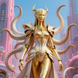 a photo of 8 k ultra realistic corrupted lovecraftian golden humanoid queen standing next to a pink and blue solarpunk city, 8 intricate white and gold tentacles, ornate white and gold armour, cinematic lighting, trending on artstation, 4 k, hyperrealistic, focused, extreme details, unreal engine 5, cinematic, masterpiece