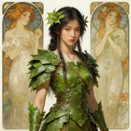 beautiful ancient girl in makeshift leaf armor, highly detailed, digital painting, artstation, sharp focus, illustration, art by tan zi and ayanamikodon and alphonse mucha and wlop