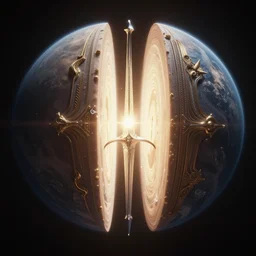 distant planet sliced in two, excalibur, exquisite, volumetric lighting, 8 k octane beautifully detailed render, post - processing, extremely hyper - detailed, intricate, epic composition, cinematic lighting, masterpiece, trending on artstation, stunning art by john berkey, by simonetti, beautiful cinematic light