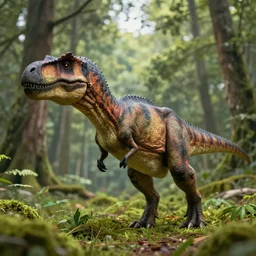 a dinosaur with the head of a cat, slightly furry, in a forest, full body, wide angle, nature photography