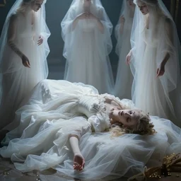 a dead queen laying down in a beautiful white dress, wispy ghostly servants rising from her corpse