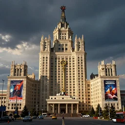 surreal key sage soviet union city of the future with massive brutalist architecture and propaganda posters