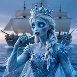 frozen zombie man with a crown, eyes glowing blue, saling ship in the background, is at dawn and bluish, fantasy, intricate, elegant, digital painting, highly detailed, artstation, sharp focus, illustration, concept art, ruan jia, steve mccurry