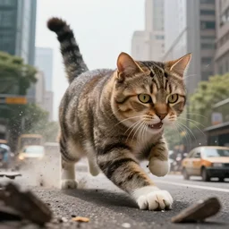 a giant cat stomping on a city causing chaos