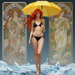 A very tall, slender red-haired woman wearing black bikini and holding a yellow umbrella on ice, sharp focus, intricate, elegant, digital painting, artstation, matte, highly detailed, concept art, illustration, ambient lighting, art by artgerm, Alphonse mucha, and Greg Rutkowski