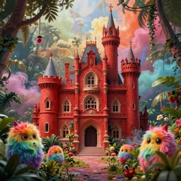 of a beautiful red Hyperrealistic Gaudi royal castle in the middle of a colorful smokey surreal tropical jungle, creepy cute rainbow fluffy creatures hide in bushes, macro lens, shallow depth of field, very highly detailed, digital painting, trending artstation, concept art, illustration, cinematic lighting, vibrant colors, photorealism, epic, octane render
