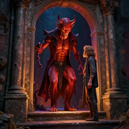 photorealistic so step inside, see the devil and i in the style of michael whelan and gustave dore. hyperdetailed photorealism, 1 0 8 megapixels, amazing depth, high resolution, 3 d shading, 3 d finalrender, 3 d cinematic lighting, glowing rich colors, psychedelic overtones, artstation concept art.