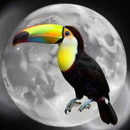 photography hyperrealistic tucan on the moon