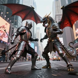a knight fighting a dragon in Times Square, unreal engine, 8k, photo realistic