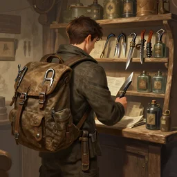 hardmesh post, backpack with equipment : lockpicks, graple hook, throwing knives, flasks on shelf of general store shop, fantasy digital art, by greg rutkowski, ilya kuvshinov