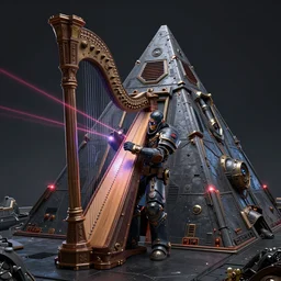pyramid necron spaceship warhammer 4 0 k playing on the laser harp, unreal engine, octane render, highly detailed