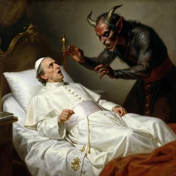 the catholic pope in his bed, scared, because a horned demon is attacking the pope. highly detailed painting by gaston bussiere, greg rutkowski, craig mullins 8 k