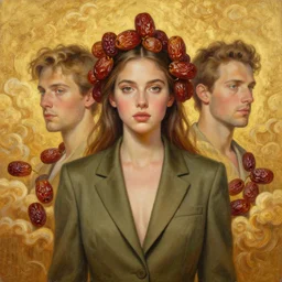 epic painting portrait photography beautiful goddess wearing olive blazer with golden glow background, drawing, intricate, sweet dried date fruits, symmetrical front, by amy leibowitz, wlop, jeremy lipkin, beeple, intricate, artgerm, ilya kuvshinov, golden clouds background, centered