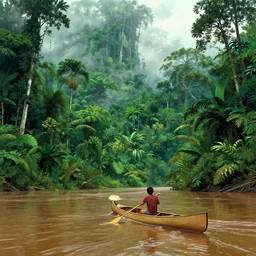 canoe on the amazon river, lush jungle, stylised foggy huge forest, by victo ngai, moebius, jean giraud, hyperrealism, intricate detailed