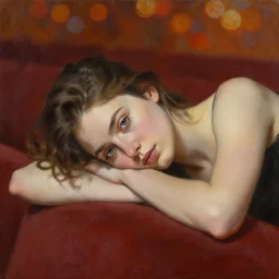 an award winning portrait of beautiful woman sleeping in a theatre, oil on canvas, masterpiece, realism, piercing gaze, autumn bokeh