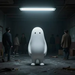 white monster standing, the backrooms, the eerie forlorn atmosphere of a place that's usually bustling with people but is now abandoned and quiet, buzzing fluorescent lights above the ceiling, unsettling images, liminal space, dark,