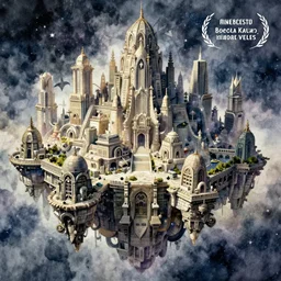 an beautiful and very detailed concept watercolour painting by alan lee, rebecca guay, michael kaluta and charles vess of a massive city constructed of ancient stone of impossible architecture floating in the astral plane