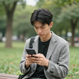 3 0 year old stylish man using smartphone outdoors in the park realistic image, 4 k 3 0 mm photography, stock image