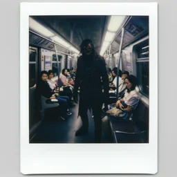 ominous polaroid photo of scary entity cryptid designed by jesper ejsing, by rhads, makoto shinkai and lois van baarle, ilya kuvshinov, rossdraws global illumination inside toronto subway train