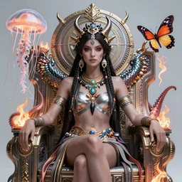 succubus goddess close-up portrait tribal princess , sitting on intricate throne, high tech, cyberpunk, dystopian, jellyfish phoenix dragon, butterfly squid, burning halo, intricate artwork by Guy Denning, very coherent symmetrical artwork, cinematic, hyper realism, high detail, octane render, unreal engine, 8k, Vibrant colors, Smooth gradients, High contrast, depth of field,