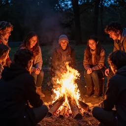 photograph of people bonding around a firecircle, kismet