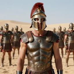 joe biden wearing a roman helmet whilest standing infront of a roman army in the desert.