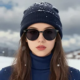 glamor portrait, young female model, electric sunglasses, beanie, turtleneck, falling snow, cloudy background, intricate detailed photorealistic by mandy jurgens and studio ghibli and alyssa monks, bold colors, artstation