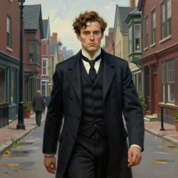 front view of anna taylor-joy as investigiator walking down street in arkham town, male, detailed face, gorgeous, amazing, new england architecture, 1920 style, intricate, highly detailed, musculine, lovecraft illustration, painting by Gaston Bussiere, Craig Mullins
