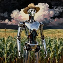 portrait painting of a farmer robot made of chrome in front of rolling cornfields and beautiful clouds, painted by norman rockwell. pulp sci - fi art for omni magazine. high contrast. dark background. baroque period, oil on canvas. renaissance masterpiece. trending on artstation. retrofuturism.
