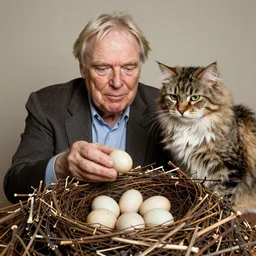david attenborough in a bird nest. sticks. An exotic shorthair cat guarding it's eggs. documentary, holding eggs, fluffy cat, national geographic, strange, photorealistic