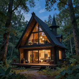 hyper realistic witch modern architecture cottage with mood lighting and tech in the woods gorgeous lighting, blue sky, highly detailed, lush forest foliage painting by zdzisław beksinski and norman rockwell and greg rutkowskiweta studio, and lucasfilm