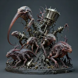 airbrushed cambrian explosion creatures with machines alex ross, simon bisley fine art masterpiece baked at 3 0 0 f, matte painting, cold lighting, award winning horror, photorealistic render, cinematic