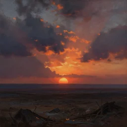 dramatic sunset and dramatic sky , painting by frazetta, telephoto perspective, postapocalyptic panorama.asthetics !