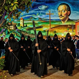A Holy Week procession of grim reapers in a lush Spanish landscape at night. A hooded figure at the front holds a cross. El Greco, Remedios Varo, Salvador Dalí, Zdzisław Beksiński,Carl Gustav Carus, Edward Hopper.. Technicolor. Colourful. Vibrant colors.