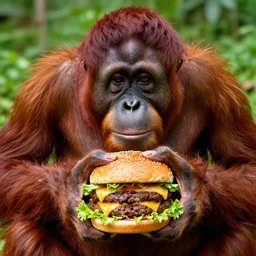 an orangutan wiht chease burger