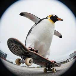 penguin doing a skateboard trick, close up photograph, fish eye