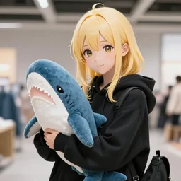 a blonde girl in a black hoodie holding a blue shark stuffed animal from ikea, anime style digital art