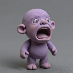 tiny moustached homunculus with a huge mouth screaming and crying tiny little feet and purple skin, clay model