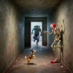 the game, stuck in the game, a rectangular tunnel, a dancing dog on two legs, a clown juggler, a recess in the wall where i climbed, a human skeleton dances and looks at me, i get out of the recess and there the monster gets out of the door that appeared at the other end of the corridor, i run through the door that appeared from behind and run out