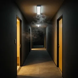 spooky photo of a dark hallway of a japanese modern house with open lit doorways, dramatic lighting, smoke, ceiling fluorescent lighting, black and yellow colour palette