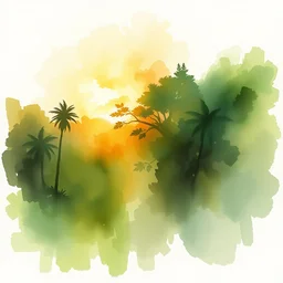 small centered on watercolor paper, paint brush strokes, abstract watercolor painting of dawn at jungle nature, cinematic light, national romanticism by hans dahl, by jesper ejsing, by anders zorn, by greg rutkowski, by greg manchess, by tyler edlin