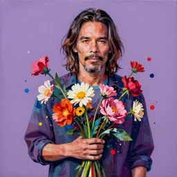 a painting by artgerm of willem dafoe with flowers growing out, highly detailed, color bleeding, pixel sorting, plain purple background, studio lighting, high contrast, bold composition, abstract paint color splotches