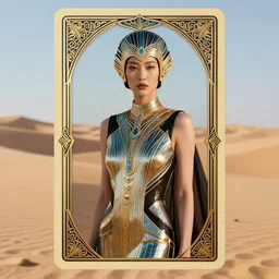 giesha demon, innovative avant - garde art, deco fashion, asian women, highly detailed, photorealistic portrait, serene desert setting, crisp quality and light reflections, octane render, taror card with ornate border frame