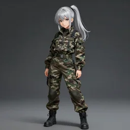 girl, silver hair ponytail, multicam ((camo)), posing, (trending on artstation), beautiful face, cinematic full body shot, ilustration by Takehiko Inoue (((and Yoann Lossel)))